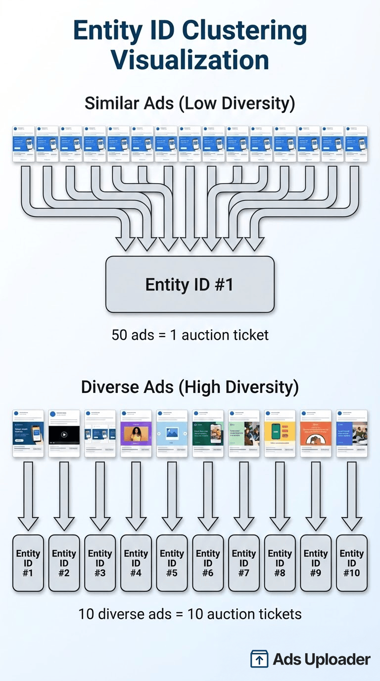 Meta Andromeda Entity ID clustering showing how similar ads collapse into single IDs