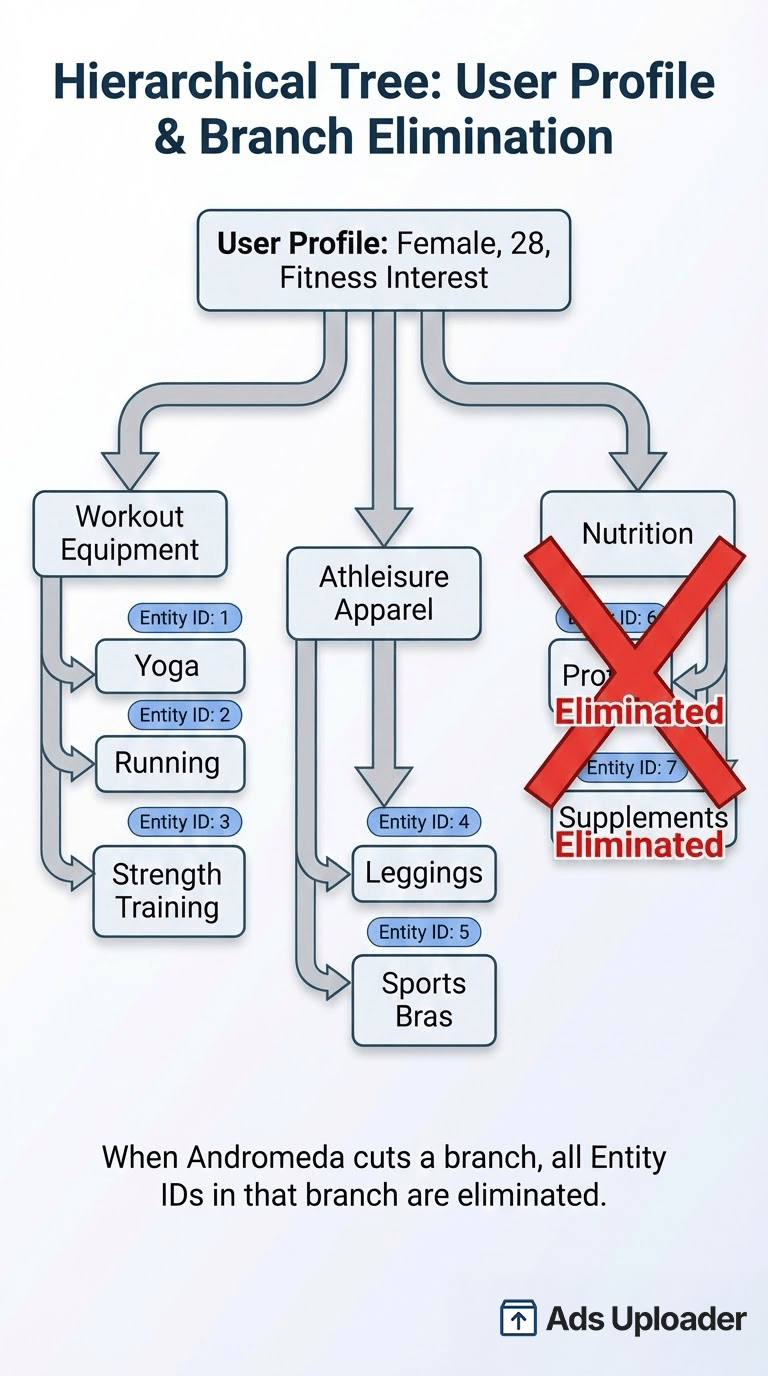 Meta Andromeda hierarchical tree showing how branches get cut based on user intent