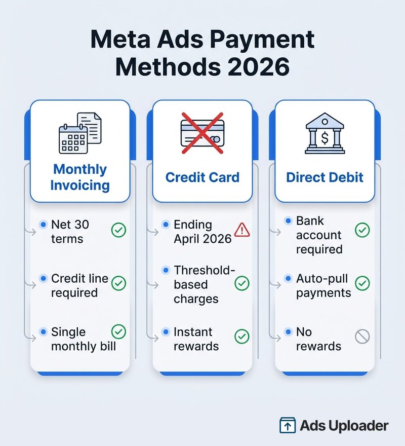 Comparison infographic showing Meta Ads monthly invoicing, credit card, and direct debit payment methods with key features for each option