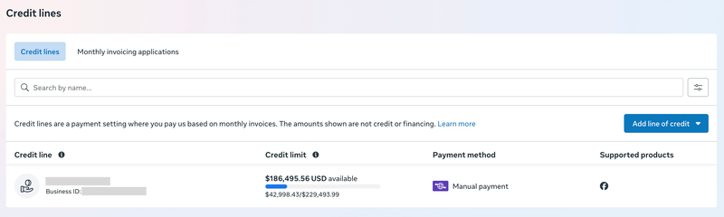Meta Business Suite Credit Lines page showing a monthly invoicing credit line with credit limit, payment method, and supported products