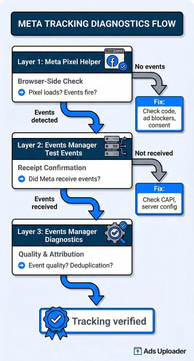 Three-layer Meta debugging workflow: Pixel Helper for browser check, Test Events for receipt confirmation, Diagnostics for quality and attribution