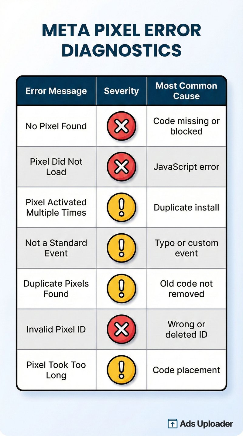 Meta Pixel Helper error messages reference table showing seven common errors with severity levels and primary causes