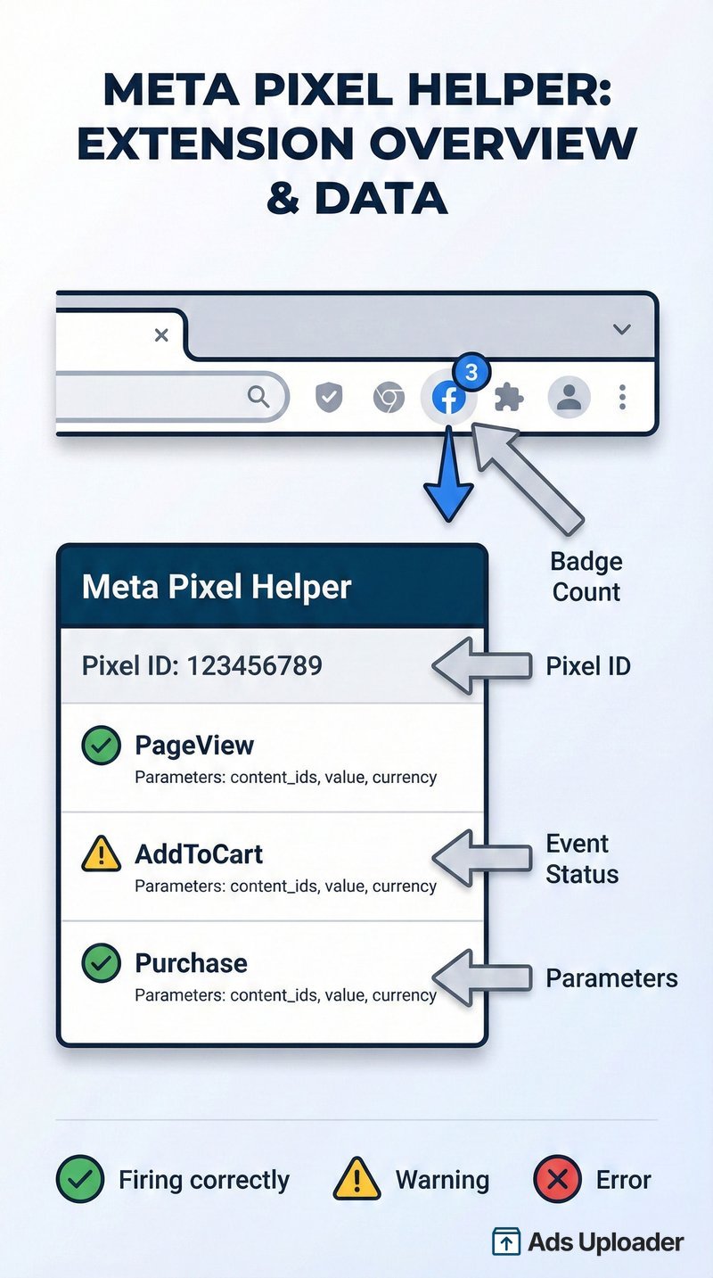 Meta Pixel Helper Chrome extension interface showing badge count, pixel ID, events with status indicators, and parameter details