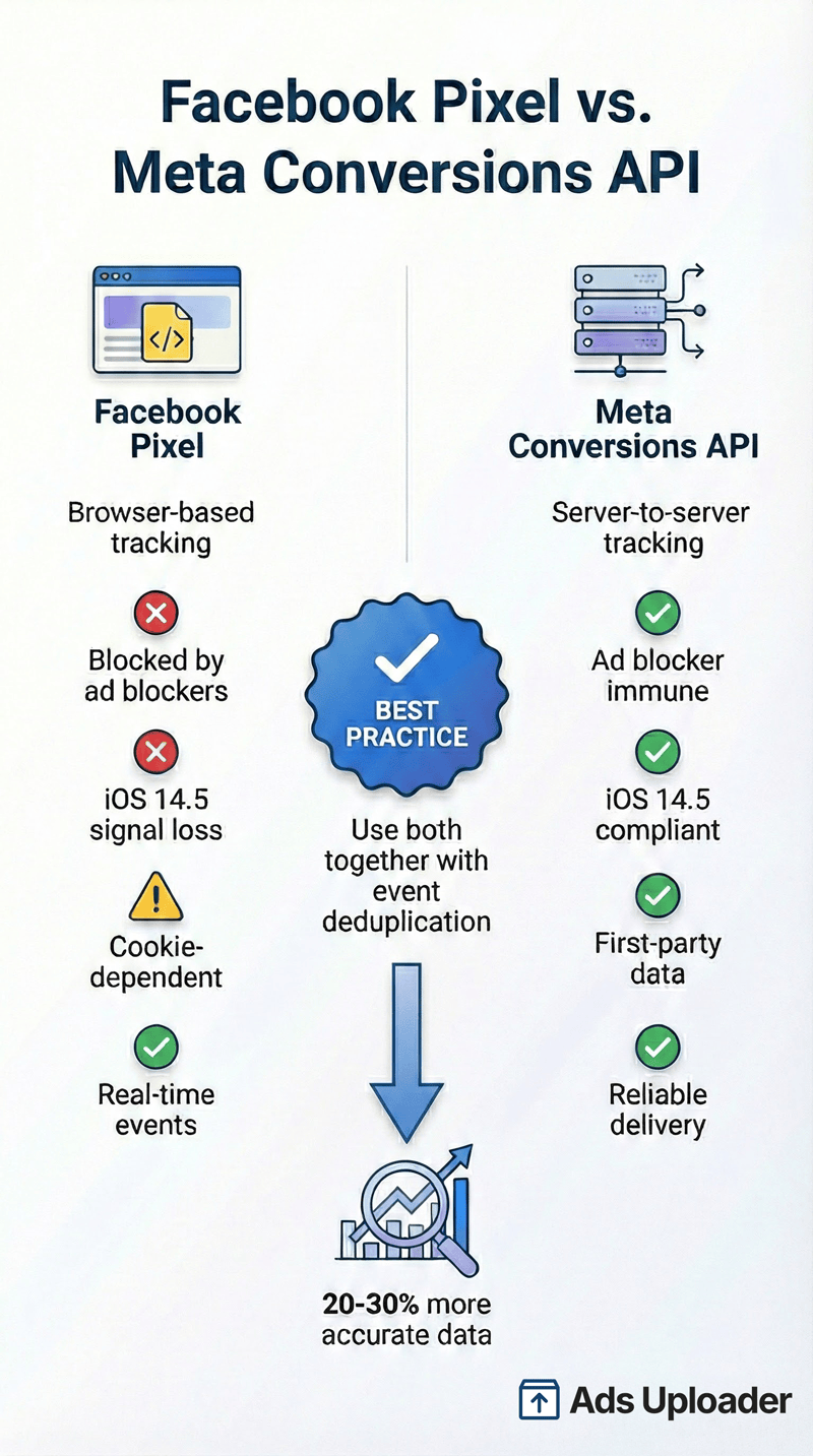 Visual comparison of Facebook Pixel vs Meta Conversions API features showing benefits of using both together