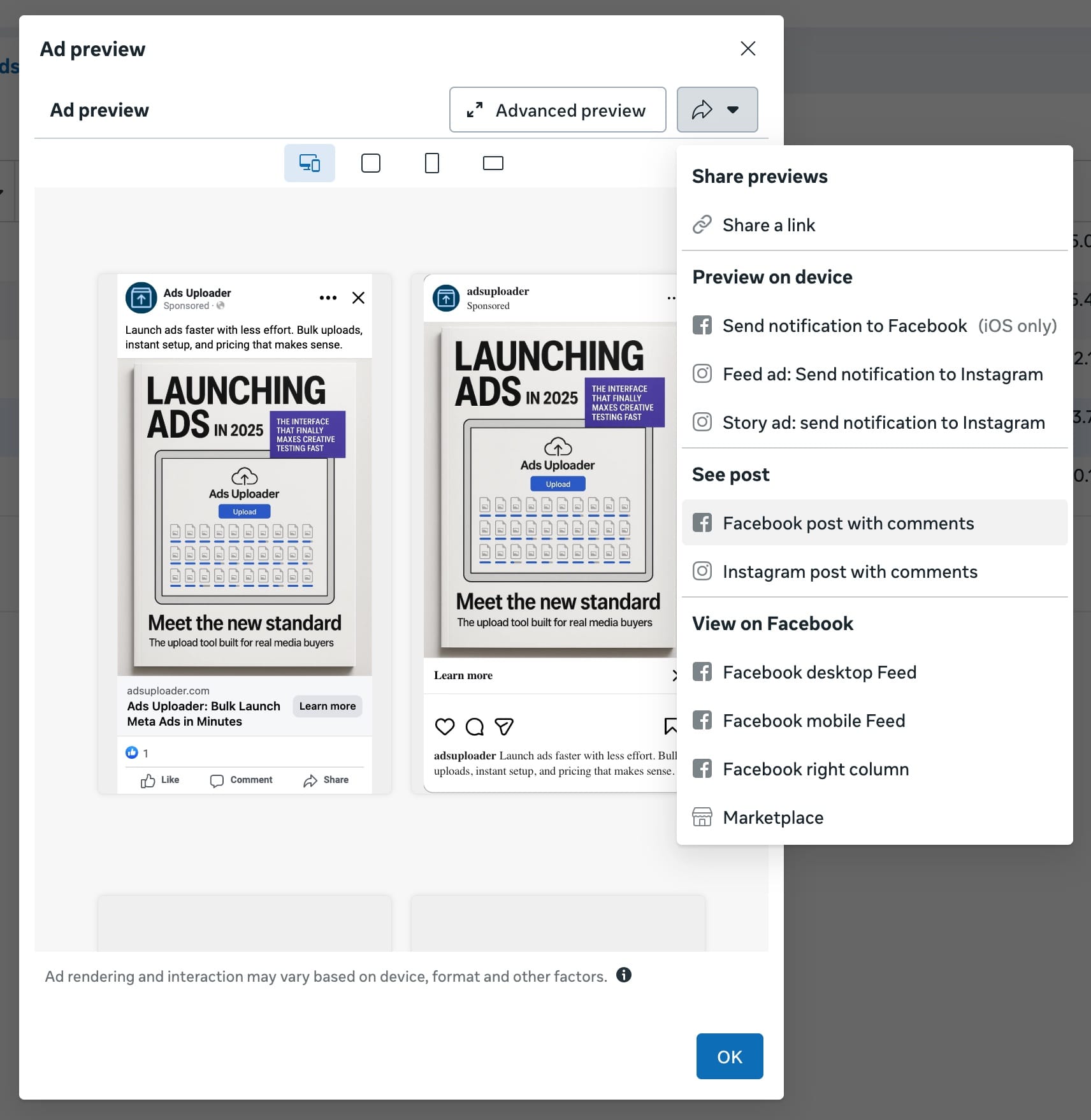 Ads Manager Preview Creative button with Post with Comments option to find Facebook post ID